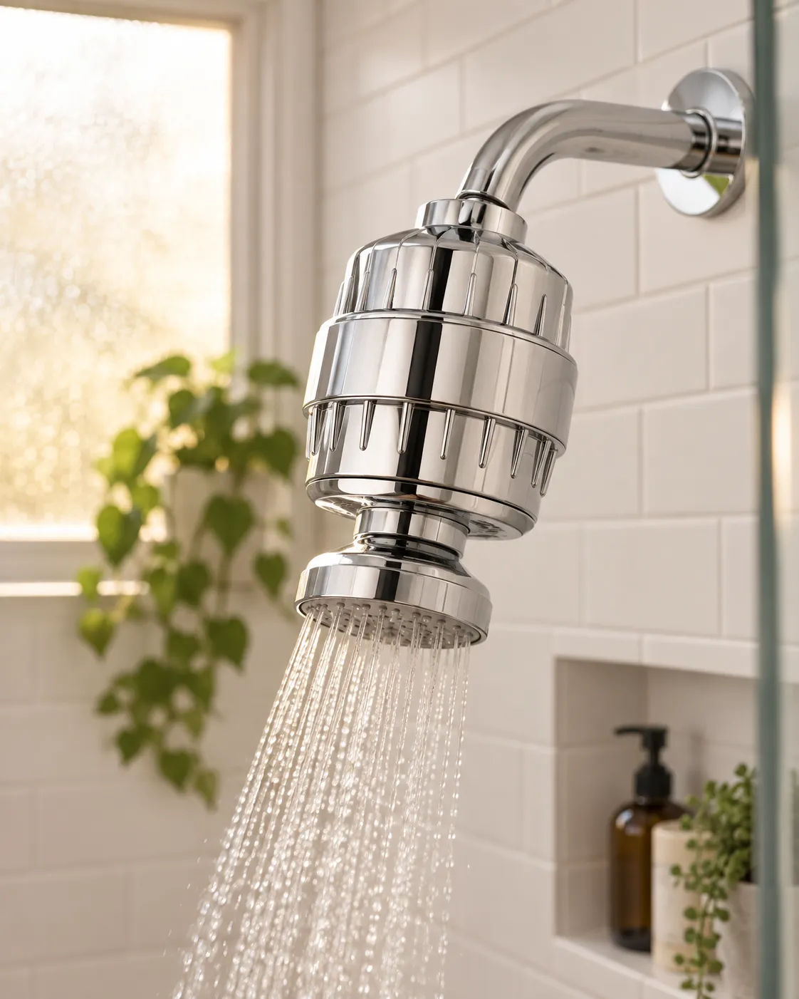 MARLO Shower Filter installed on a shower arm with water running